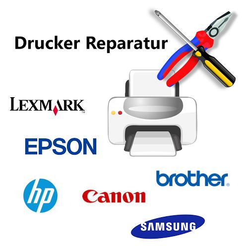 Die Abbildung zeigt einen Drucker, Werkzeug und verschiedene Druckerhersteller