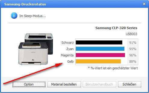 Drucker druckt nicht: Druckerstatus - Farben prüfen / Beispiel Füllstand eines Samsung Druckers