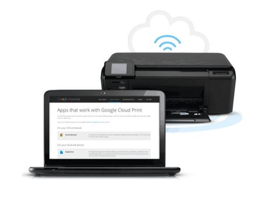 Die Abbildung zeigt Laptop und Drucker mit Google Cloud print